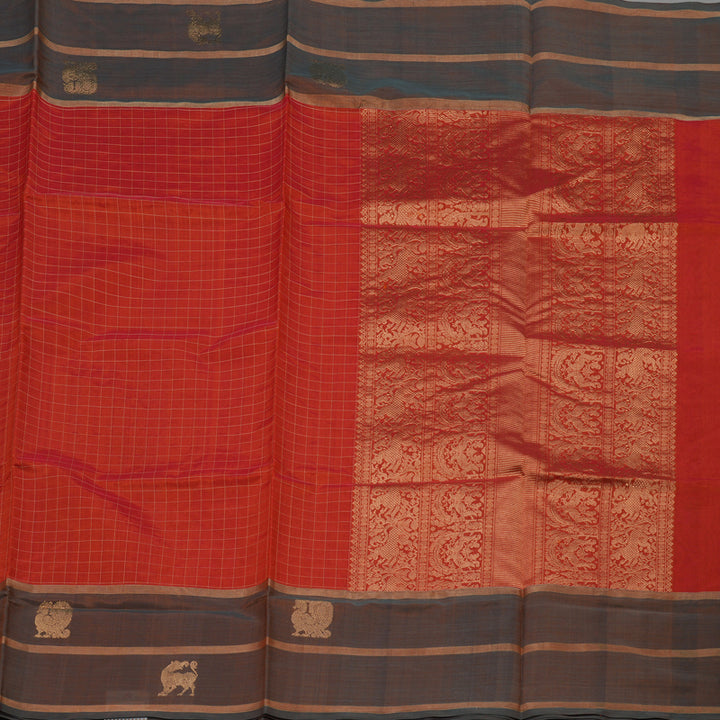 Hayagrivas Orangish Red Pure Kanchi Silk Cotton Saree KBE1444J1-2