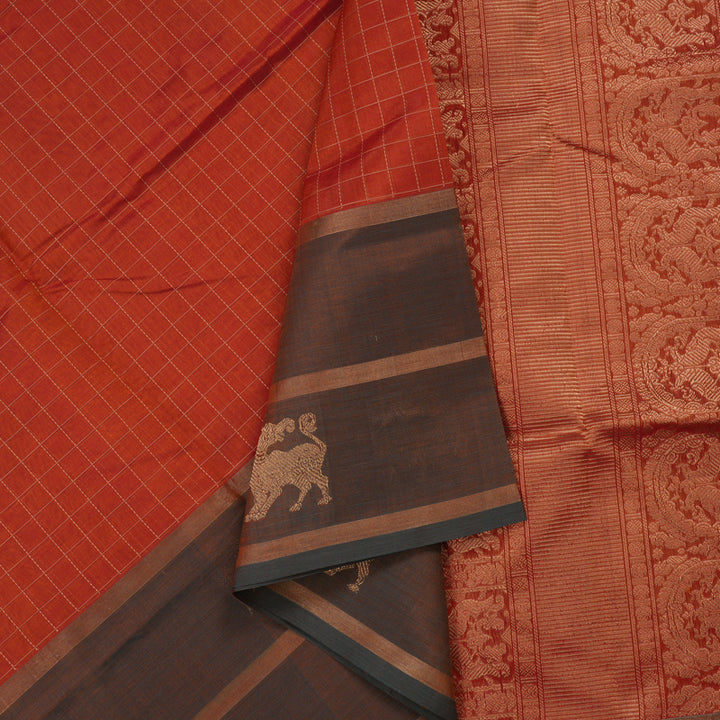 Hayagrivas Orangish Red Pure Kanchi Silk Cotton Saree KBE1444J1-2