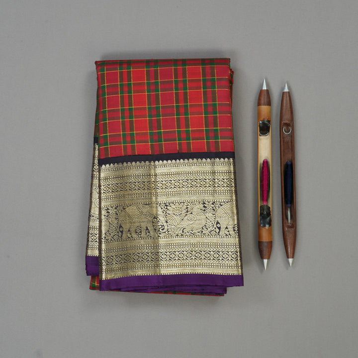 Hayagrivas Handloom Red & Green Checks Kanjivaram Silk Saree with Deep Jamun Shade Border KBE1445J2-1