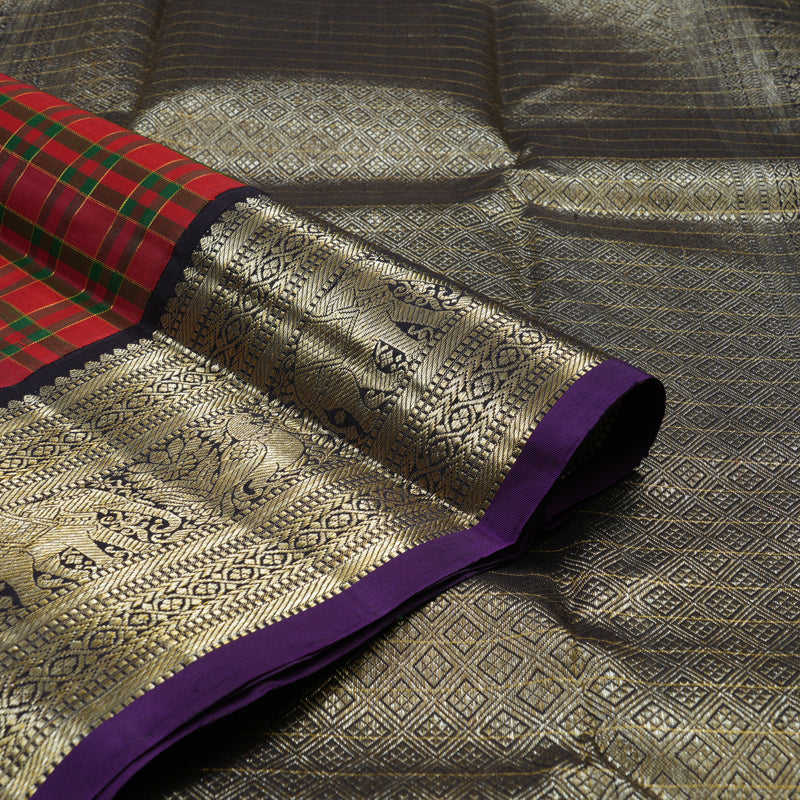 Hayagrivas Handloom Red & Green Checks Kanjivaram Silk Saree with Deep Jamun Shade Border KBE1445J2-1