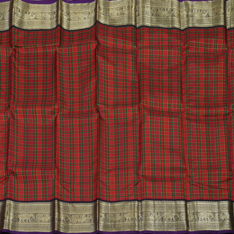 Hayagrivas Handloom Red & Green Checks Kanjivaram Silk Saree with Deep Jamun Shade Border KBE1445J2-1