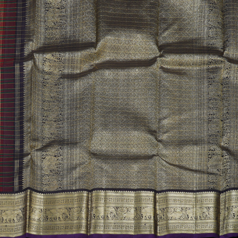 Hayagrivas Handloom Red & Green Checks Kanjivaram Silk Saree with Deep Jamun Shade Border KBE1445J2-1