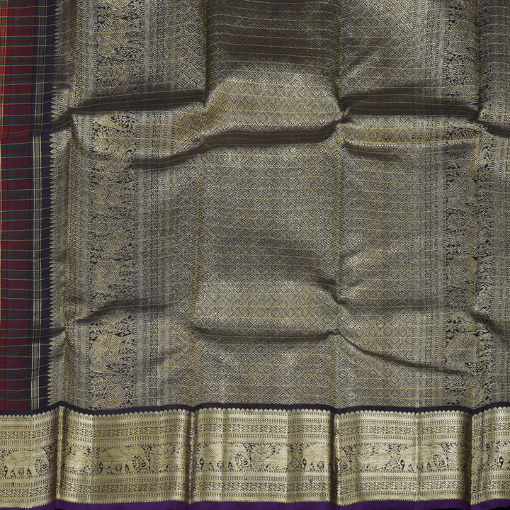 Hayagrivas Handloom Red & Green Checks Kanjivaram Silk Saree with Deep Jamun Shade Border KBE1445J2-1