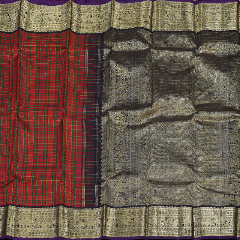 Hayagrivas Handloom Red & Green Checks Kanjivaram Silk Saree with Deep Jamun Shade Border KBE1445J2-1