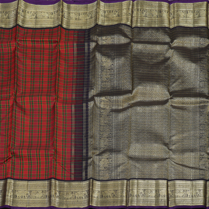 Hayagrivas Handloom Red & Green Checks Kanjivaram Silk Saree with Deep Jamun Shade Border KBE1445J2-1
