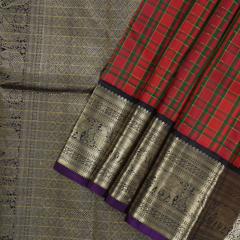 Hayagrivas Handloom Red & Green Checks Kanjivaram Silk Saree with Deep Jamun Shade Border KBE1445J2-1