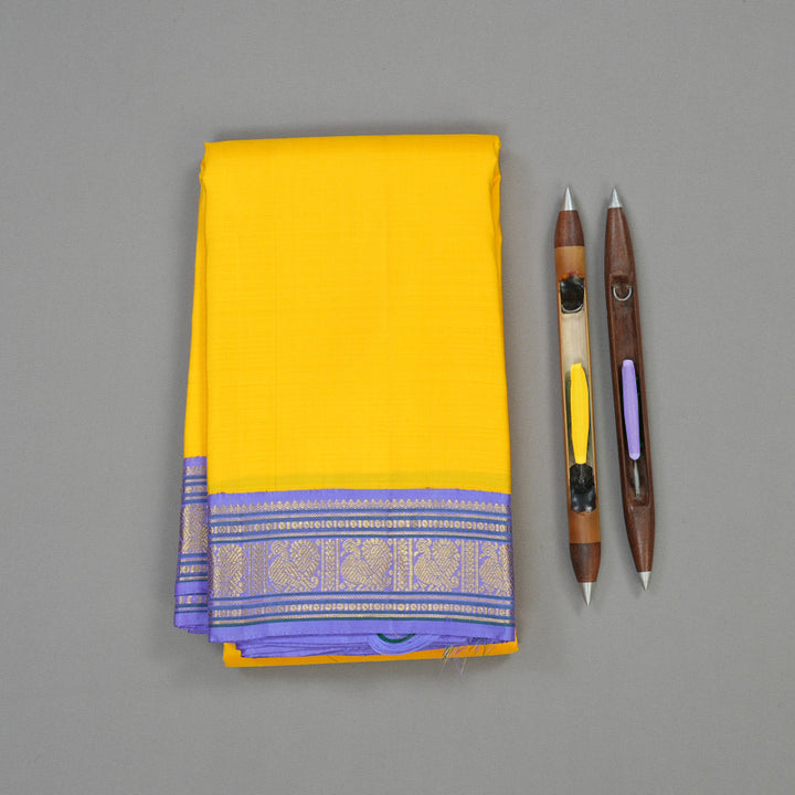 Hayagrivas Handloom Bright Yellow Kanjivaram Silk Saree with Lavendar border KBE1445J3-1
