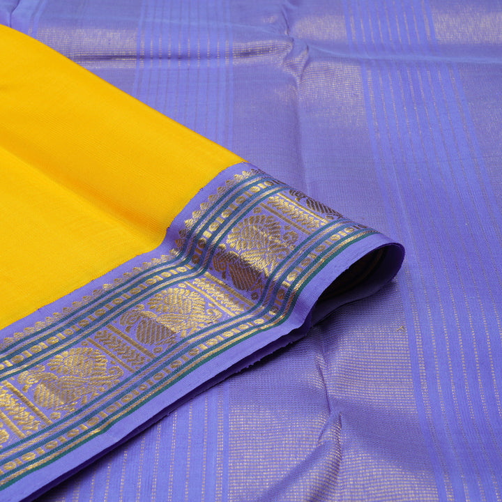 Hayagrivas Handloom Bright Yellow Kanjivaram Silk Saree with Lavendar border KBE1445J3-1