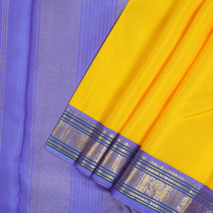 Hayagrivas Handloom Bright Yellow Kanjivaram Silk Saree with Lavendar border KBE1445J3-1