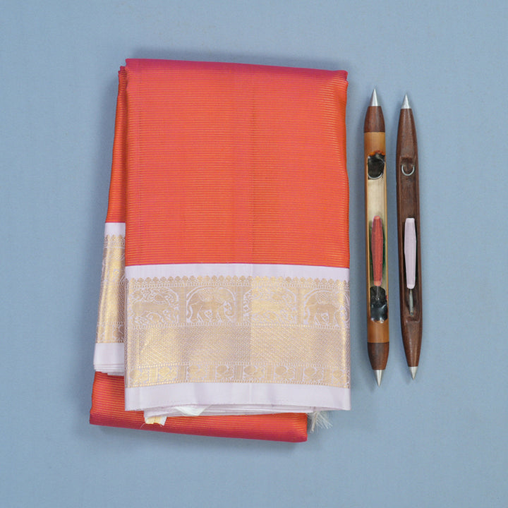 Hayagrivas Handloom Orangish-Pink Kanjivaram Silk Saree with Lilac Border KBE1448J2-1