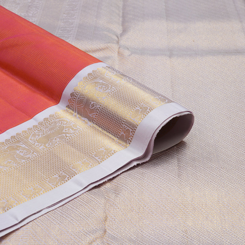 Hayagrivas Handloom Orangish-Pink Kanjivaram Silk Saree with Lilac Border KBE1448J2-1