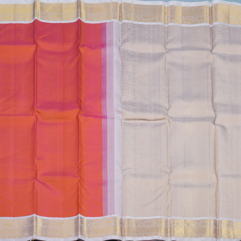 Hayagrivas Handloom Orangish-Pink Kanjivaram Silk Saree with Lilac Border KBE1448J2-1