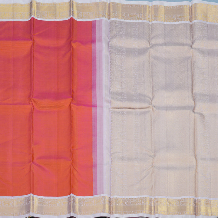 Hayagrivas Handloom Orangish-Pink Kanjivaram Silk Saree with Lilac Border KBE1448J2-1