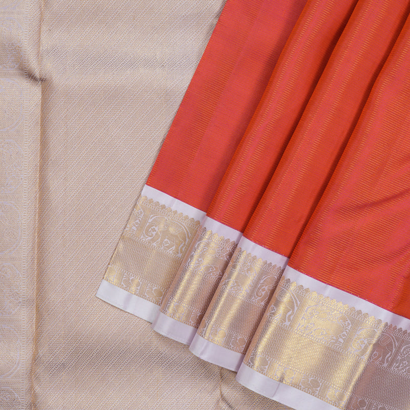 Hayagrivas Handloom Orangish-Pink Kanjivaram Silk Saree with Lilac Border KBE1448J2-1