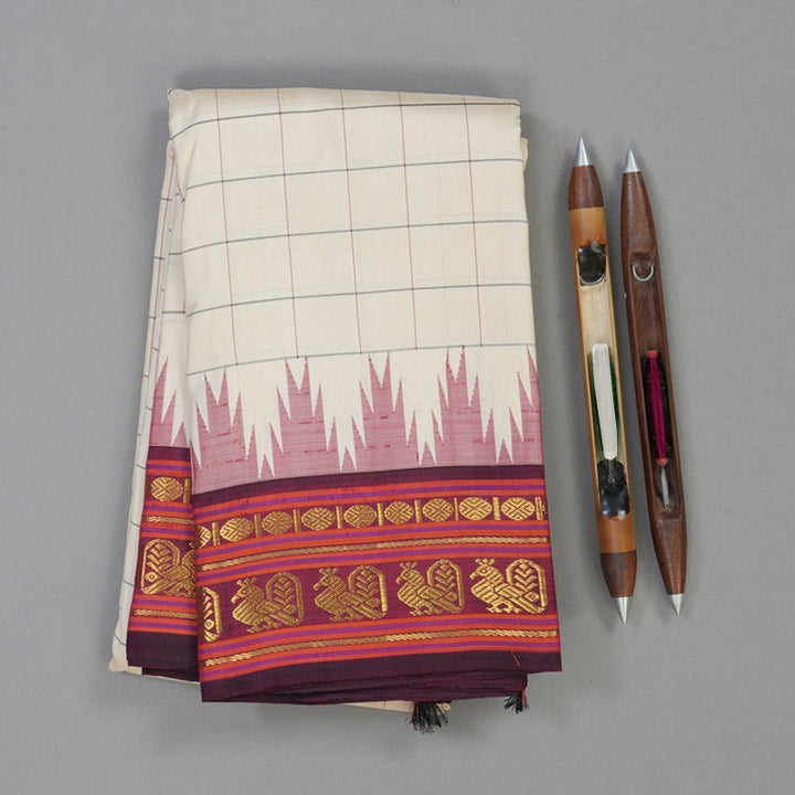 Hayagrivas Handloom Sandal Beige Kanjivaram Silk Saree with Wine Border KBE1450J1-1