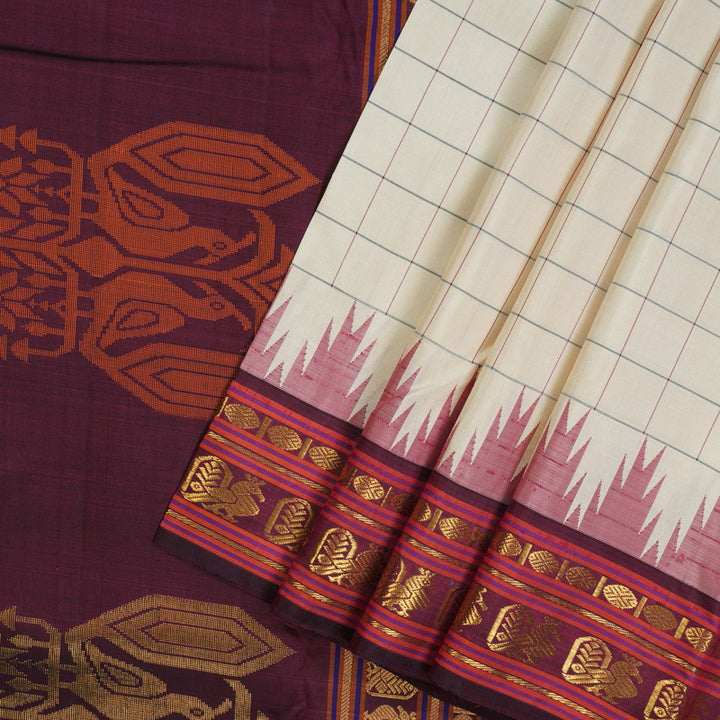 Hayagrivas Handloom Sandal Beige Kanjivaram Silk Saree with Wine Border KBE1450J1-1