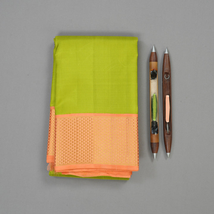 Hayagrivas Handloom Fluorescent Green Kanjivaram Silk Saree with Peach Orange Border KBE1454J3-1