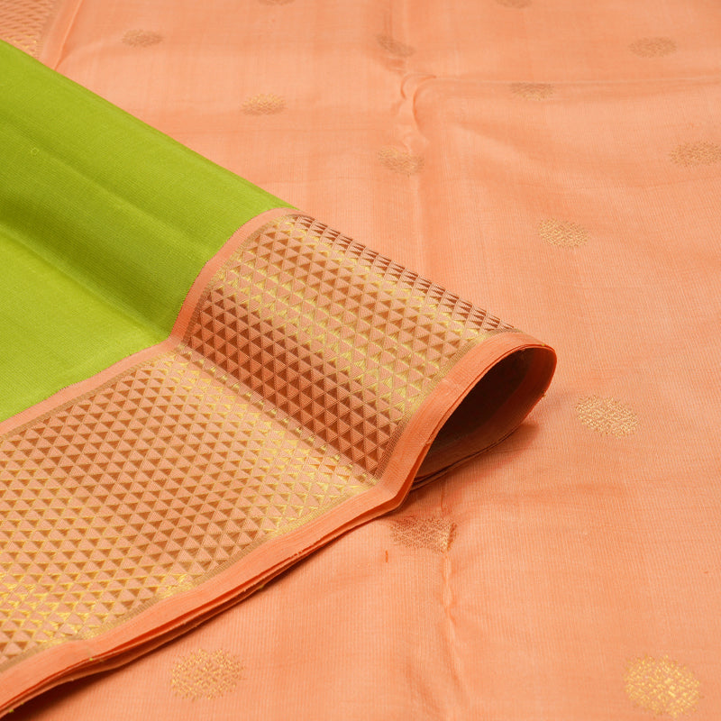 Hayagrivas Handloom Fluorescent Green Kanjivaram Silk Saree with Peach Orange Border KBE1454J3-1