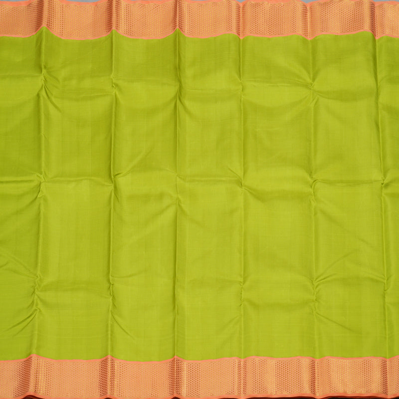 Hayagrivas Handloom Fluorescent Green Kanjivaram Silk Saree with Peach Orange Border KBE1454J3-1