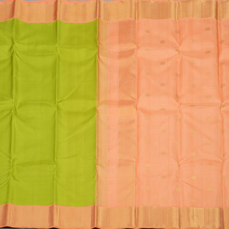 Hayagrivas Handloom Fluorescent Green Kanjivaram Silk Saree with Peach Orange Border KBE1454J3-1