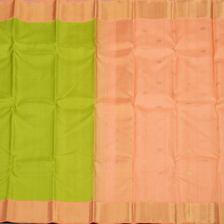 Hayagrivas Handloom Fluorescent Green Kanjivaram Silk Saree with Peach Orange Border KBE1454J3-1