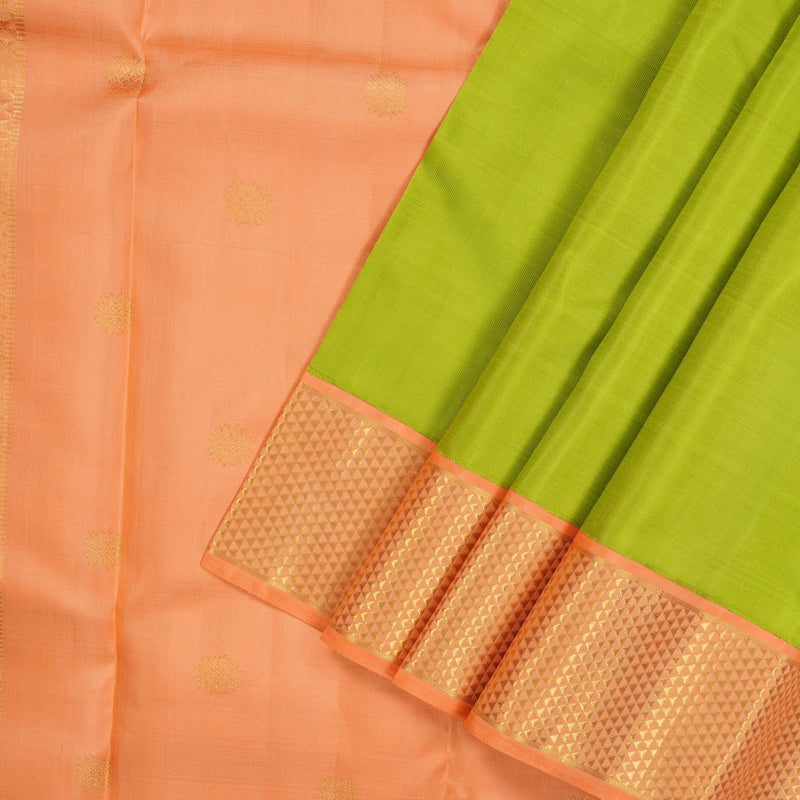 Hayagrivas Handloom Fluorescent Green Kanjivaram Silk Saree with Peach Orange Border KBE1454J3-1