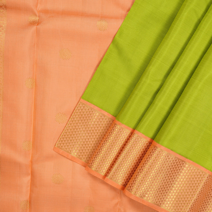 Hayagrivas Handloom Fluorescent Green Kanjivaram Silk Saree with Peach Orange Border KBE1454J3-1