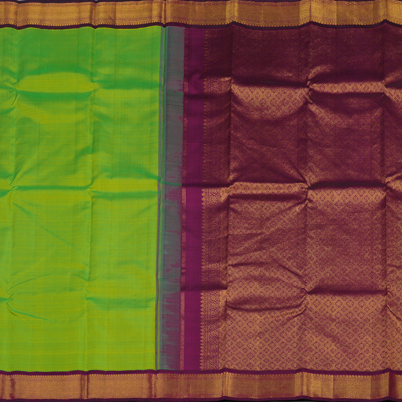 Hayagrivas Handloom Fluorescent Green Kanjivaram Silk Saree with Deep Violet border KBE1462J2-1