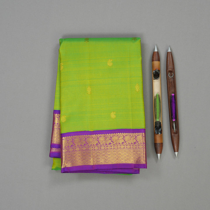 Hayagrivas Handloom Fluorescent Green Kanjivaram Silk Saree with Purple Border KBE1462J3-3