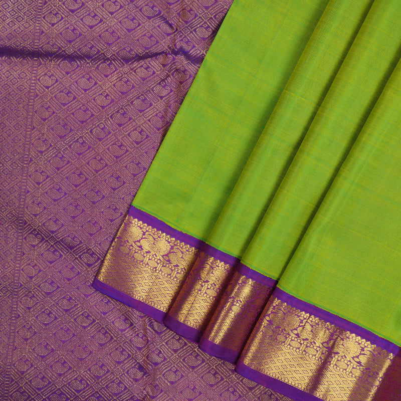 Hayagrivas Handloom Fluorescent Green Kanjivaram Silk Saree with Purple Border KBE1462J3-3