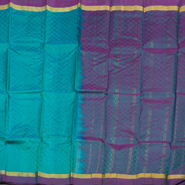 Hayagrivas Handloom Blue & Green (Carpet Checks) Kanjivaram Silk Saree with Purple Border KBE1463J3-6
