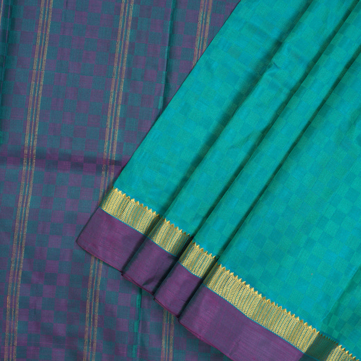 Hayagrivas Handloom Blue & Green (Carpet Checks) Kanjivaram Silk Saree with Purple Border KBE1463J3-6