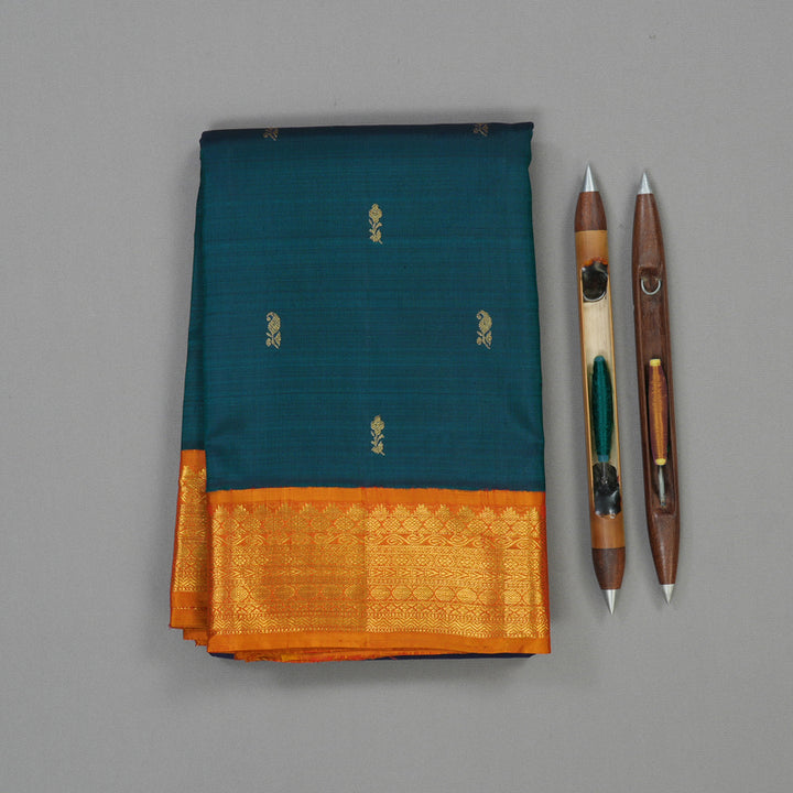 Hayagrivas Handloom Peacock Green Kanjivaram Silk Saree with Golden Orange border KBE1465J4-1