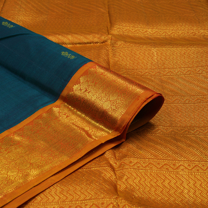 Hayagrivas Handloom Peacock Green Kanjivaram Silk Saree with Golden Orange border KBE1465J4-1