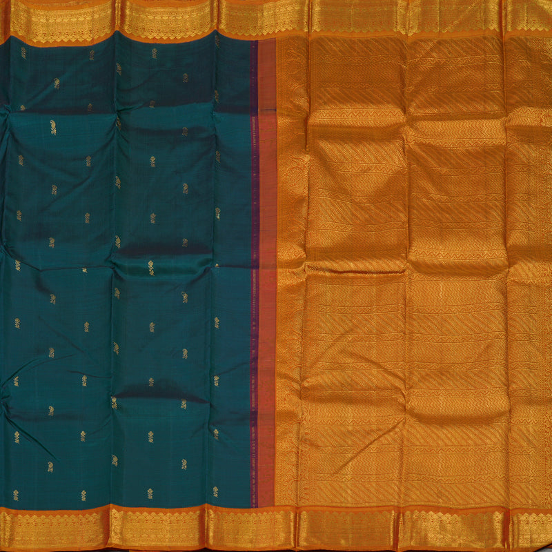 Hayagrivas Handloom Peacock Green Kanjivaram Silk Saree with Golden Orange border KBE1465J4-1