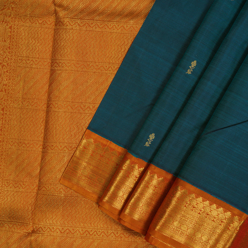 Hayagrivas Handloom Peacock Green Kanjivaram Silk Saree with Golden Orange border KBE1465J4-1