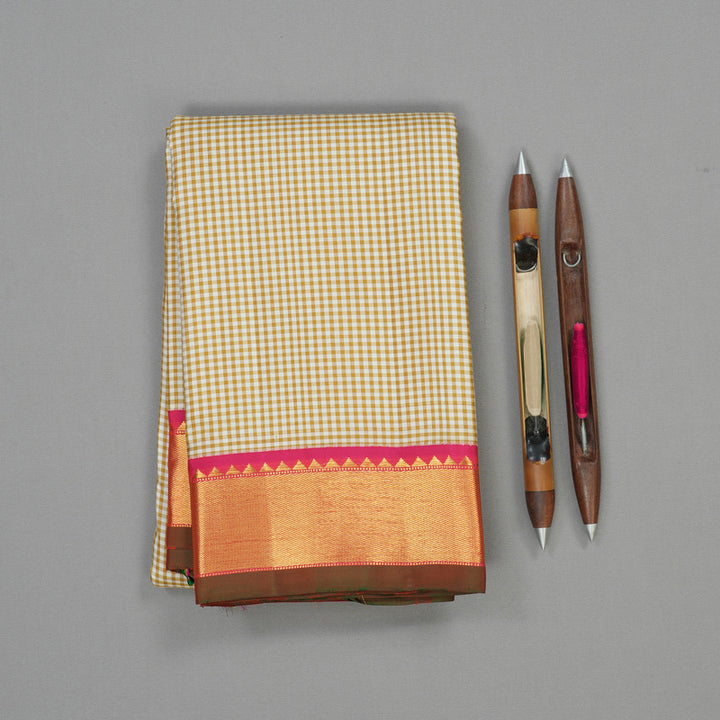 Hayagrivas Handloom Half White & Mustard Muted Thread Checks Kanjivaram Silk Saree with Pink Border KBE1465J6-1
