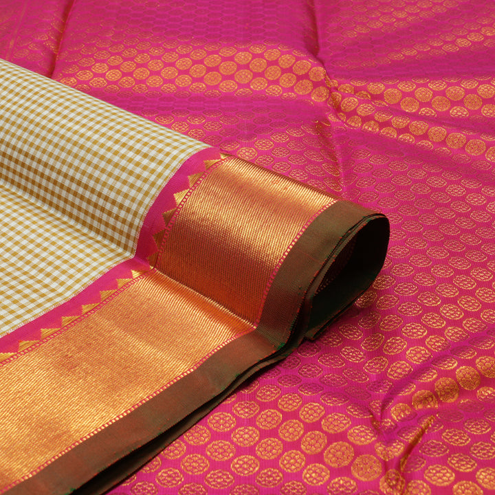 Hayagrivas Handloom Half White & Mustard Muted Thread Checks Kanjivaram Silk Saree with Pink Border KBE1465J6-1