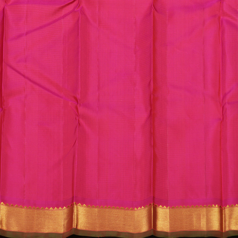 Hayagrivas Handloom Half White & Mustard Muted Thread Checks Kanjivaram Silk Saree with Pink Border KBE1465J6-1