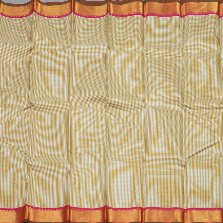 Hayagrivas Handloom Half White & Mustard Muted Thread Checks Kanjivaram Silk Saree with Pink Border KBE1465J6-1
