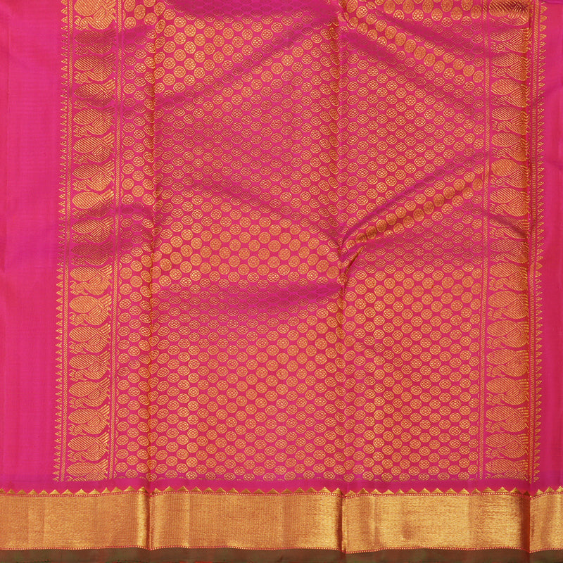 Hayagrivas Handloom Half White & Mustard Muted Thread Checks Kanjivaram Silk Saree with Pink Border KBE1465J6-1