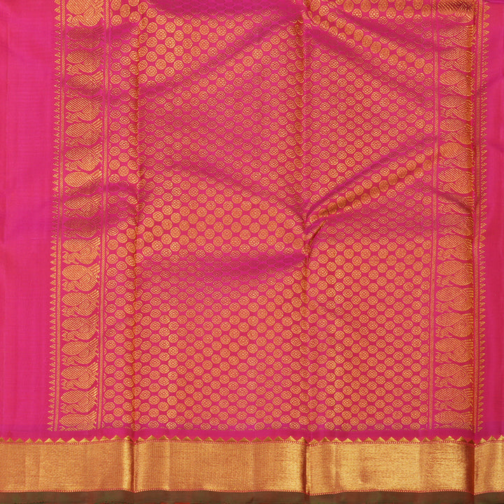 Hayagrivas Handloom Half White & Mustard Muted Thread Checks Kanjivaram Silk Saree with Pink Border KBE1465J6-1