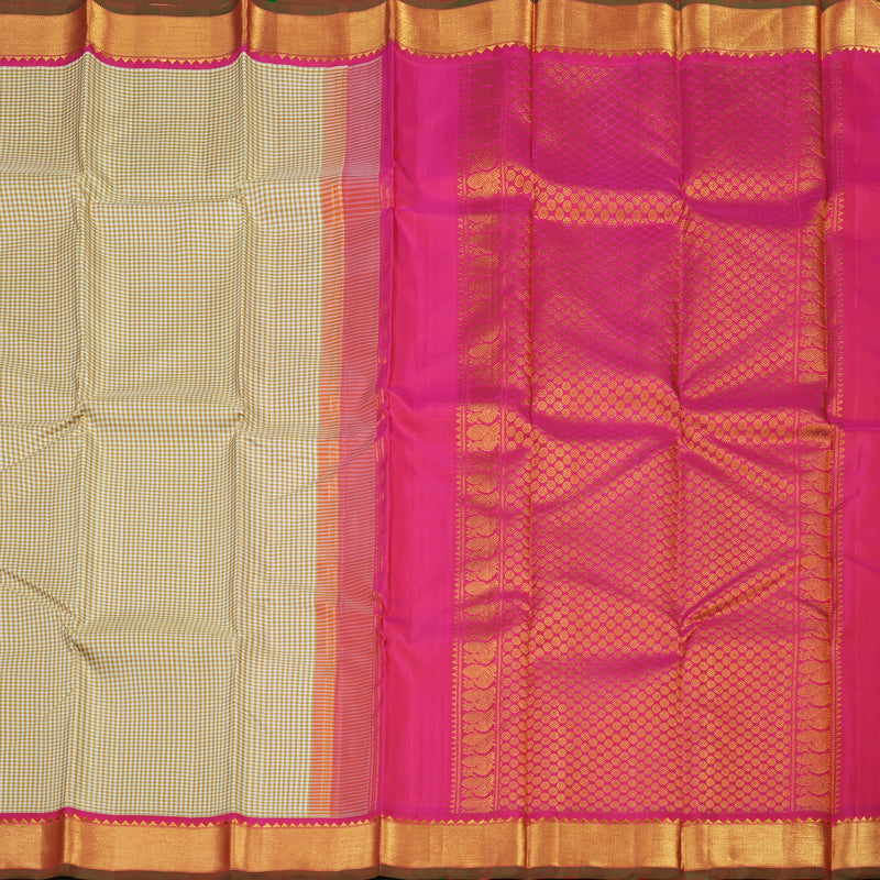 Hayagrivas Handloom Half White & Mustard Muted Thread Checks Kanjivaram Silk Saree with Pink Border KBE1465J6-1
