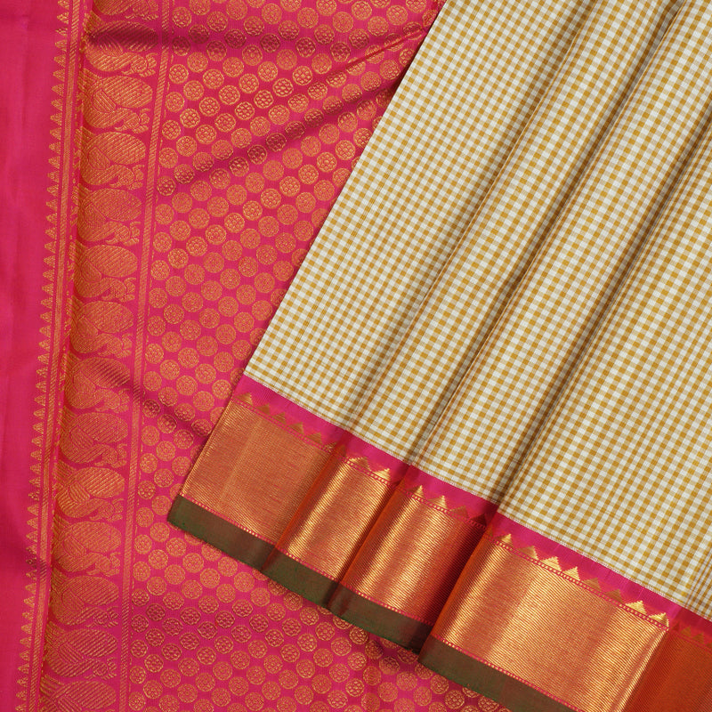Hayagrivas Handloom Half White & Mustard Muted Thread Checks Kanjivaram Silk Saree with Pink Border KBE1465J6-1