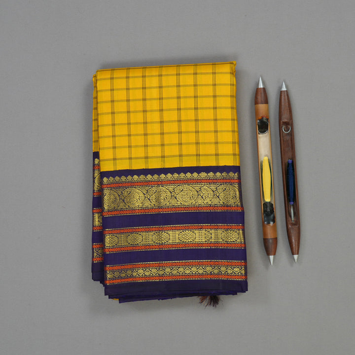 Hayagrivas Handloom Yellow Kanjivaram Silk Saree with Deep Violet Border KBE1467J10-1