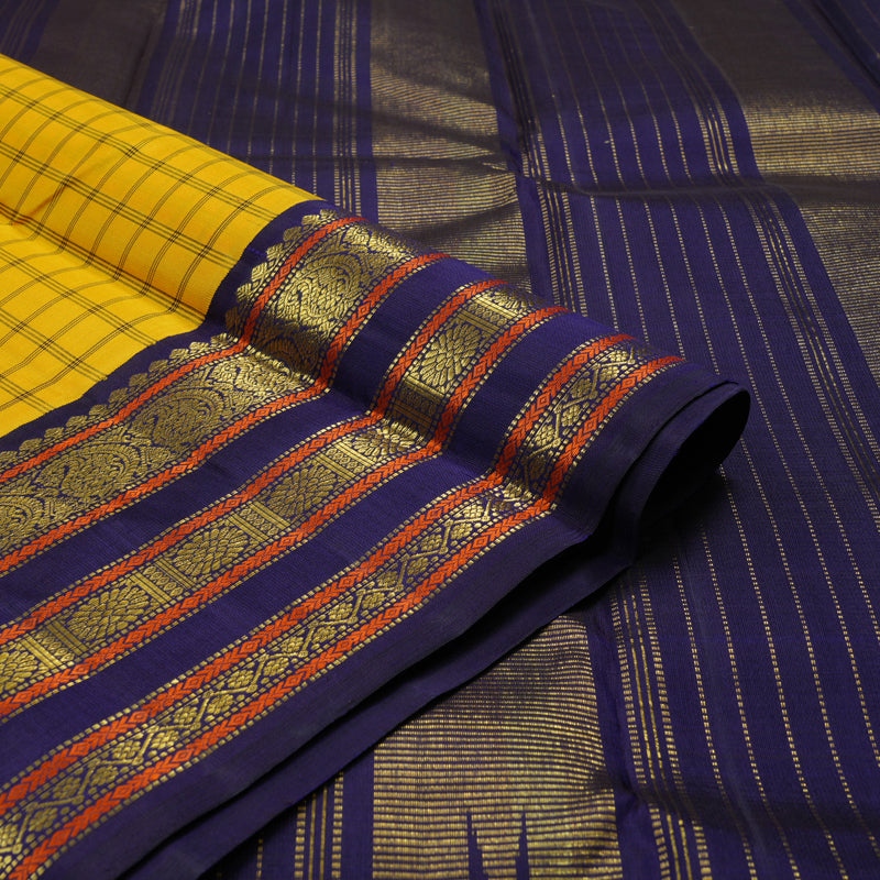 Hayagrivas Handloom Yellow Kanjivaram Silk Saree with Deep Violet Border KBE1467J10-1