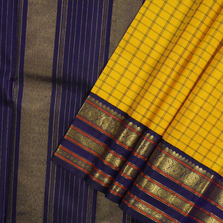 Hayagrivas Handloom Yellow Kanjivaram Silk Saree with Deep Violet Border KBE1467J10-1