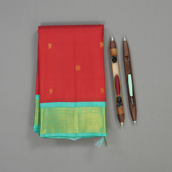 Hayagrivas Handloom Red Kanjivaram Silk Saree with Teal Border KBE1467J5-4