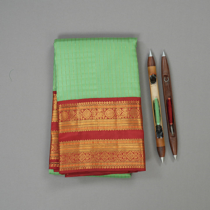 Hayagrivas Handloom Pista Green Kanjivaram Silk Saree with Deep Red Border KBE1469J15-1