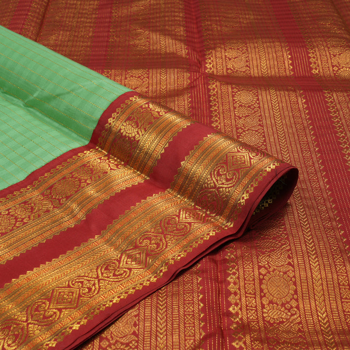 Hayagrivas Handloom Pista Green Kanjivaram Silk Saree with Deep Red Border KBE1469J15-1